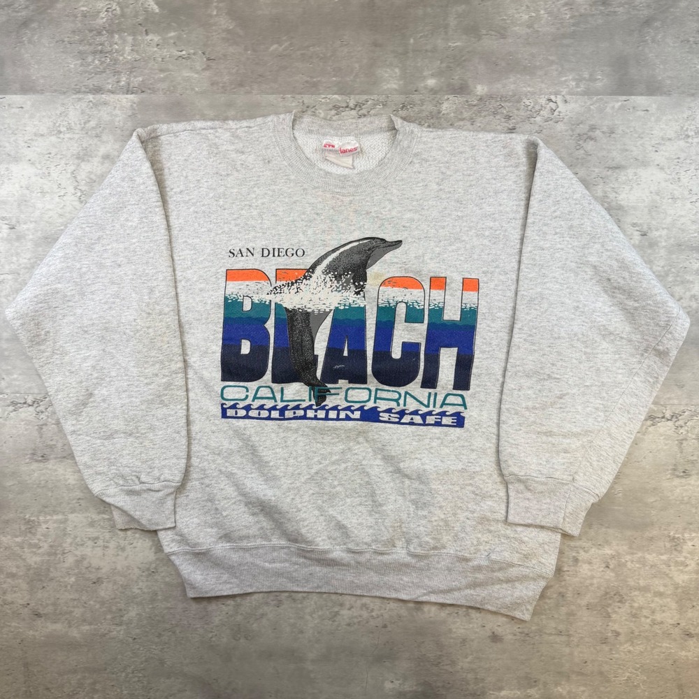 Vintage Hanes San Diego Beach California Dolphin Safe Sweatshirt Gray XL
